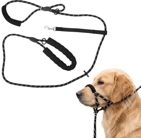 Figure of 8 Dog Lead with Soft Padded Nose Support, Anti Pull Slip Halter Head Collar for Medium and Large Dogs, Durable Nylon Training Leash for Enjoyable Walking (Black, 187cm)