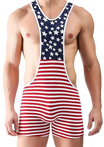 sandbank Men American Flag Wrestling Singlet Jockstrap Bodysuit Active Underwear (S, Red & Blue #2)