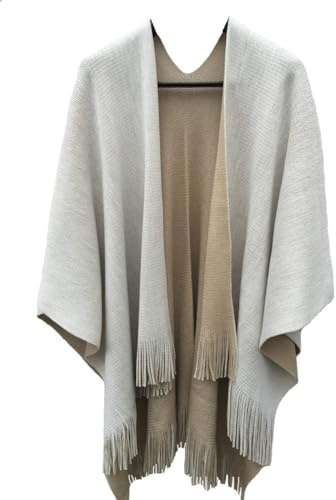 Womens Reversible Knitted Poncho Cape Oversized Christmas Scarf Blanket Shawl Wrap (Beige)(Size:L)