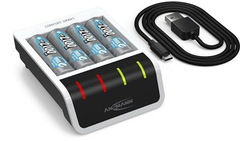 ANSMANN Akku Ladegerät inkl. 4X AA 2100mAh, für 4X AAA AA NIMH NICD Akkus, intelligentes Laden, USB-Eingang, Schnelladen, Entladefunkton, LED-Anzeige