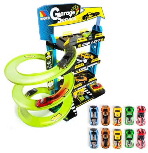 MOLTO Aparcamiento infantil de 4 pisos con accesorios, aparcamiento de juguete, autopista de juguete, incluye 10 coches de juguete, juguetes para niños + 3 años, coches de garaje