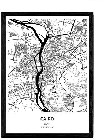 Nacnic Poster Mappa del Cairo - Egitto. Fogli Città in Africa con i Mari e fiumi, in Colore Nero. Formato A4