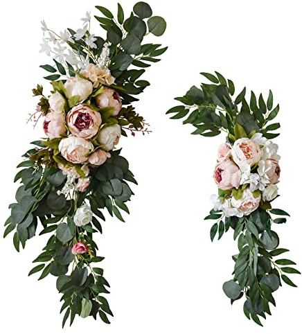 RIABXZ Kit de fleurs artificielles pour arche de mariage, lot de 2 tonnelles de pivoines blanches avec feuilles d'eucalyptus, décoration florale pour Lintel Cérémonie Fête Réception, Rose