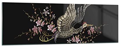 Moderne Impression sur Verre 160x50cm Image Tableau en Verre Decoration Murale Asiatique Oiseau Fleurs Grand XXL Tableaux Decoratifs Muraux Chambre Panoramique Deco Cadre Salon Art GAB160x50-4614