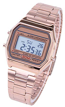 Dioche Orologio da polso, orologio da polso rettangolare con retroilluminazione a LED digitale a 3 colori con cinturino in acciaio inossidabile Oro rosa