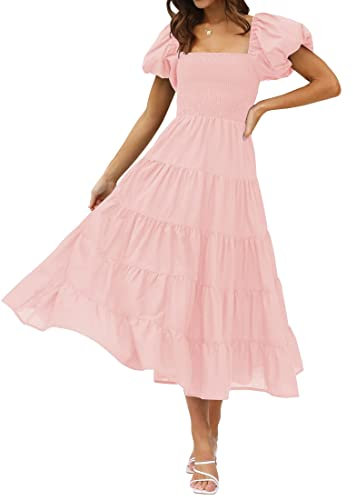 ZESICA Women's Summer Square Neck Short Puff Sleeve Solid Color High Waist Casual Smocked Flowy A Line Tiered Midi Dress, Pink, Medium