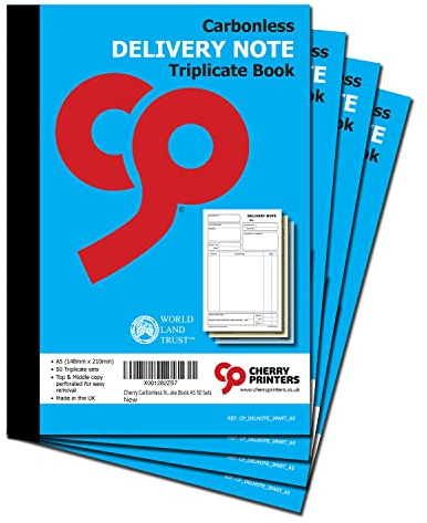 Cherry Printers | Delivery Note | Triplicate A5 | 50 Sets | 4 Pack | Carbonless 3pt | sections for customer details, delivery items, prices, VAT, special instructions and proof of receipt