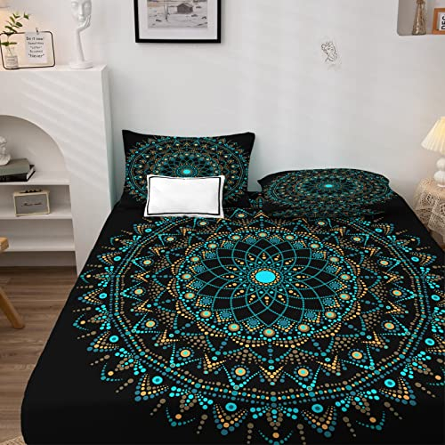 NOGAWA Boho Spannbettlaken 180x200cm, Spannbetttuch Mandala Muster, Weiche Mikrofaser Boxspringbett Bettlaken geeignet für Matratzen von 30 cm Mit 2 Kopfkissenbezug 80x80 cm