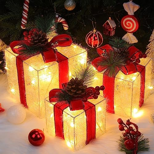 Quntis Boîtes à Cadeaux Lumineuses de Noël, 60 LEDs Décoration Intérieur Lumière, Lot de 3 Boîtes Lumineuses Décoration Éclairage de Noël Intérieur/Extérieur Déco Lumière