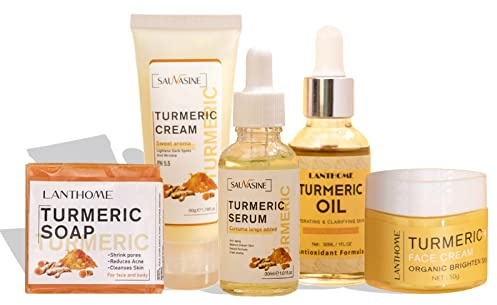 JasCherry Kit de cuidado de la piel de cúrcuma, 5 unidades, incluye crema de cúrcuma, jabón de cúrcuma, aceite de cúrcuma y crema facial de cúrcuma