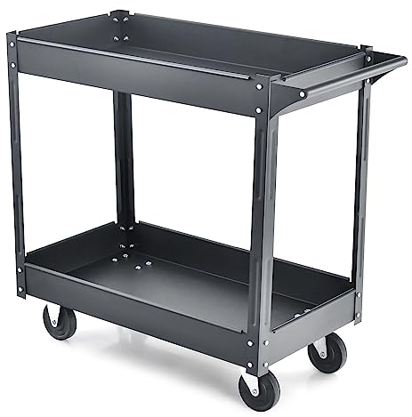 GiantexUK 2/3-Tier Tool Trolley, Metal Frame Utility Service Cart with 4 Wheels and Handle, Heavy Duty Rolling Storage Trolley for Office, Garage, Warehouse and Workshop (2-Tier, Flat Handle, Black)