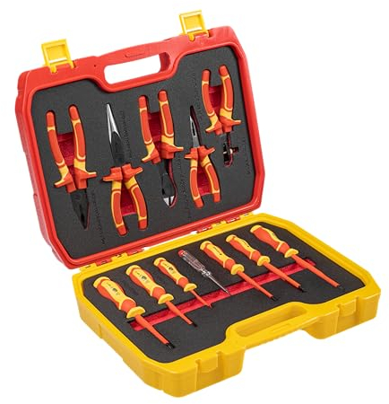 HÖGERT TECHNIK 12er-Set Elektriker Werkzeug Set isolierter 1000V Hand Screwdriver, Schlitz und Kreuz Schraubendreher, Zangen, Spannungsprüfe, Kunststoffkoffer Werkzeugsatz