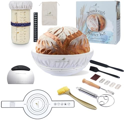 ARTISAN ACRE ALL-IN-ONE Sourdough Starter Kit - Glass Sourdough Starter Jar - 15 Pieces Sourdough Bread Baking Supplies - 10 Round Banneton Bread Proofing Basket
