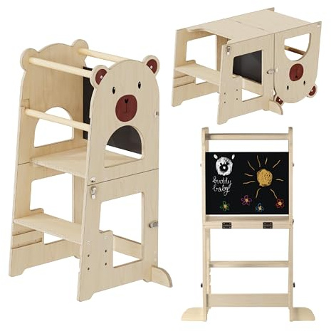 Buddy Baby - Tour d'apprentissage Montessori pour Enfants - Bureau et Tabouret Convertibles - Tour auxiliaire de Cuisine en Bois Massif avec Barre de sécurité - Pliable (Blance)