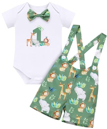 IDOPIP Bébé Garçon 1er Anniversaire Costume Dété à Manches Courtes Combinaison Sling Pantalons Animaux Jungle Body Set De Deux Pièces