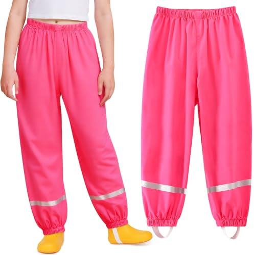 Domueay Pantalon Impermeable para Niña Pantalón de Lluvia Reflectante Sin Forro Pantalón Barro Transpirable Ligero Ropa Impermeable Outdoor 7-8 años, Rojo Rosado
