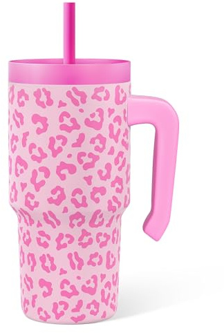 SANDJEST Leopard Print Kid 20oz Tumbler with Handle and Silicone Straw Lid, Insulated Stainless Steel Cup, Gift for Kids Girls, Gifts Idea for Birthday Christmas Back to School