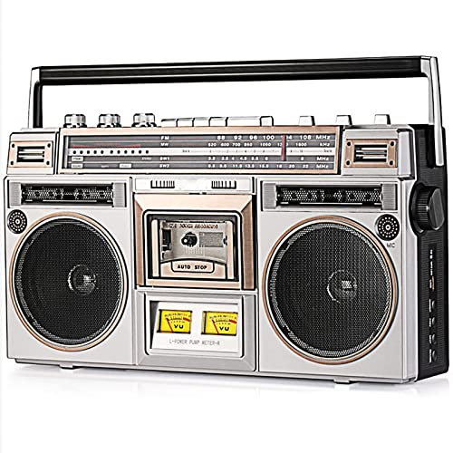Boombox retro Bluetooth con reproductor de casete y radio AM/FM, boombox portátil estilo años 80 con refuerzo de graves, entrada SD/USB y altavoz integrado