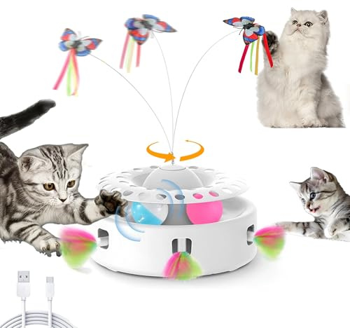 Soarer Katzenspielzeug 3 in 1 automatisches interaktives Katzenspielzeug, Fliegender Schmetterling, Fliegende Feder, mit 4 austauschbaren Zubehör, Touch Rolling Ball, Dual Power Mode
