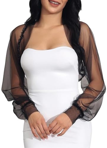 NICENEEDED Wedding Sheer Bolero Tulle Shrug, Bridal Mesh Long Sleeve Cardigan Open Front Cropped Cardigan, Shawl Long Puff Sleeve Shoulder Cover for Dress Women Evening Jacket
