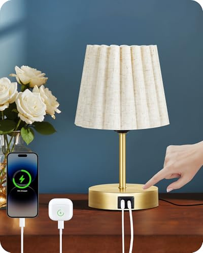 GOEBLESON Lámpara de Mesa Táctil Ajustable, con Puertos de Carga USB A y Type C, Luz LED Ajustable, Regulación Continua del 10% al 100%, Base E27, para Mesita de Noche, Dormitorio, Dorado y Beige