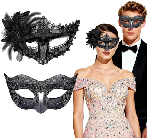 QIZHIQIAMY Mascara Veneciana Pareja Negra 2 Piezas Máscaras Venecianas Mujer y Hombre Ideales para Carnavales, Bailes de Máscaras y Representaciones Teatrales (A)