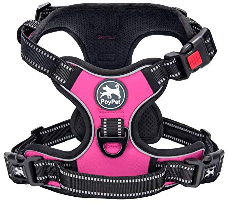 PoyPet No Pull Dog Harness, No Choke Front Lead Dog Reflective Harness, Adjustable Soft Padded Pet Vest with Easy Control Handle for Small to Large Dogs(Pink, Medium)