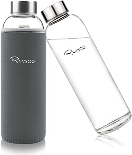 Ryaco Bottiglia d'Acqua 550 ml/18oz, Borraccia Vetro Portatile con Guaina per Bevande Calde e Fredde, Senza BPA, Borraccia in Vetro con Pennello in Spugna, Lavabile in Lavastoviglie