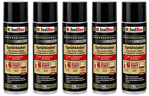 Isolbau Lot de 5 flacons de colle en spray 500 ml – Colle extra forte pour bricolage et industrie – Spray adhésif pour mousse, bois, tissu, cuir, feutre, etc