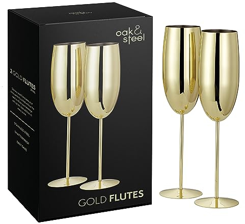 Oak & Steel - 2 Copas de Champán Doradas, 280 ml - Vasos de Prosecco de Acero Inoxidable Dorado con Caja de Regalo