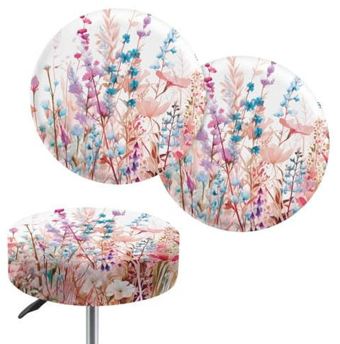 KUIFORTI 2 Pcs Round Bar Stool Cover Set Colorful Floral Stool Seat Cover Chair Cushion Washable Seat Cover Elastic Bar Slipcover for Swivel Chair or Barstool,Size S