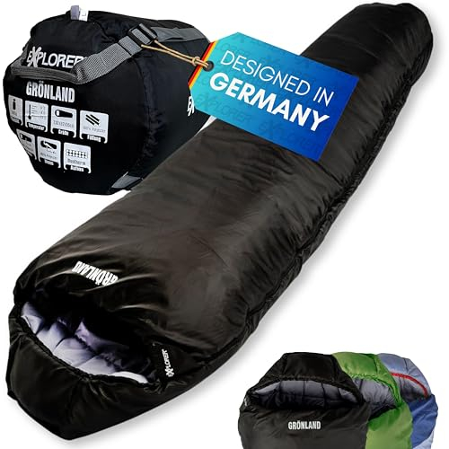 EXPLORER® GRÖNLAND Schlafsack -23°C -5°C [350GSM] 3-4 Jahreszeiten Winter Mumienschlafsack Erwachsene[1900g] 230x82x55cm Zip-Links Schwarz ideal für Outdoor, Camping, Trekking und Reisen