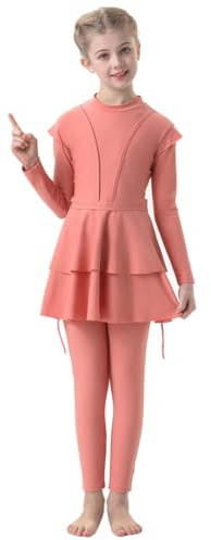 IMEKIS Kid Girls Muslim Swimwear Long Sleeve Burkini with Hijab Full Cover Rash Guard Swimsuit 3pcs Ruffle Tankini Set Bathing Suit Summer Beachwear Peach 9-10 Years