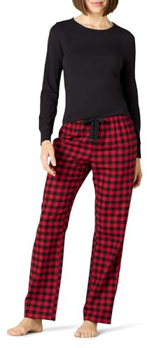 Amazon Essentials Conjunto para Dormir Ligero con Pantalón de Franela y Camiseta de Manga Larga Mujer, Rojo Cereza/Negro Estampado A Cuadros Clásico, S