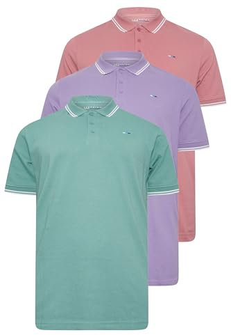 BadRhino Big & Tall 3 Pack Mineral Blue/Rose Pink/Violet Purple Tipped Polo Shirts - Men's - Plus Size Curve