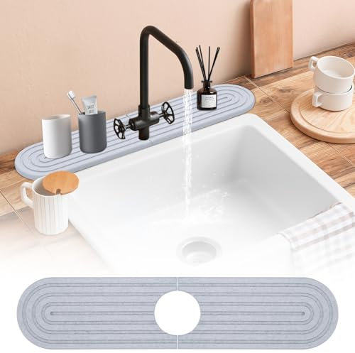 Yimomoyi Kitchen Sink Splash Guard, 17.7”x3.9” Tap Mat for Kitchen Sink, Stone Faucet Mat for Kitchen Sink, Diatom Mud Draining Mat, Faucet Mat, Sink Faucet Mat for Kitchen Bathroom Counter(Grey)