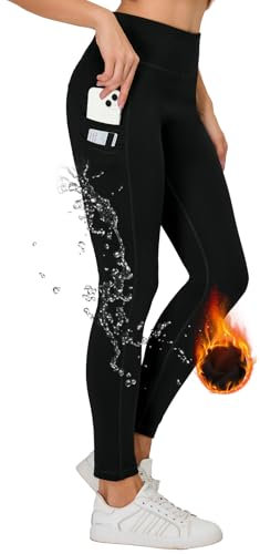 H.MILES Thermo Sport Leggings Damen Winter Wasserdicht Fleece Gefüttert Leggins Hohe Taille Blickdicht Sportleggings Laufhose mit Taschen Schwarz XL