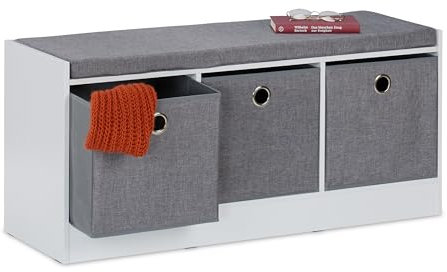 Relaxdays Panca Contenitore con 3 Cassetti, Cassapanca Ingresso o Camera, HLP: 46x102x32 cm, Porta Scarpe, Bianco Grigio, Fibra di Legno
