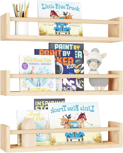 Nursery Book Shelves, 16.5 Inch Floating Book Shelves for Wall Set of 3, Baby Nursery Decor, Solid Wood Wall Mounted Shelves for Children's Room, Bedroom,Bathroom,Kitchen,and More (Natural Wood)