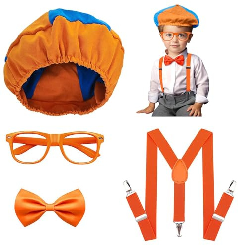 Ainuit Costume Roleplay Accessories-4PCS Orange Costume Set for Kids Ages 3-8-Hat, Bow Tie, Shatterproof Glasses & Adjustable Suspenders-Toddler Safe Dress-Up Kit for Halloween, Parties Pretend Play