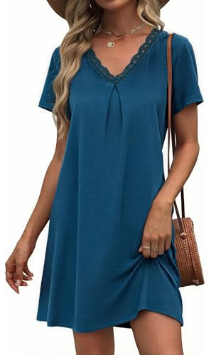 Litherday Chemise de Nuit Femme Robe de Nuit Col V Dentelle Manches Courtes | Nuisette Vêtement de Nuit