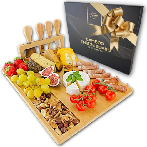 Bambus Käsebrett mit 4 Messern und Abnehmbarem Halter – Servierplatte mit Snack-Fächern, Charcuterie Board für Aperitif, Weinverkostung und Geschenkidee Küche