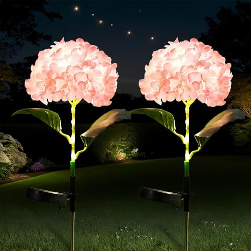 Eidoct Adornos solares de jardín, luces solares para exteriores, hortensias rosadas, luces decorativas para exteriores, luz de jardín impermeable, adecuada para césped, patios, parterres, caminos y