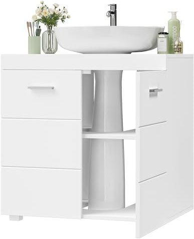 FOREHILL Mobile Sottolavabo per Bagno, Mobiletto Bagno Salvaspazio con Ripiano Regolabile, Mobiletto Sotto Lavabo con 2 Scomparti, per Lavabi con Colonna o Senza Colonna, 60x31x60 cm, Bianco