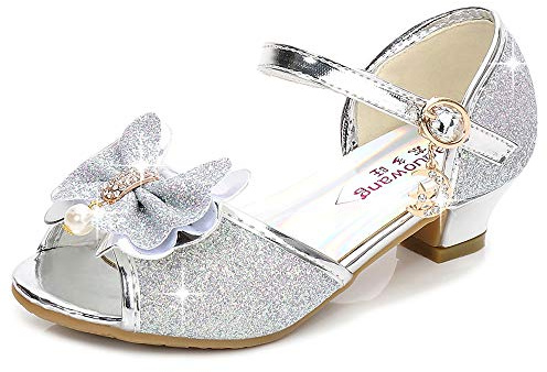 Eleasica Bambine e Ragazze Scarpe col Tacco Antiscivolo Scarpe da Principessa Carnevale Sandali Costumi Natale Regalo Matrimonio Compleanno Aperte sulla Punta,Argento,32