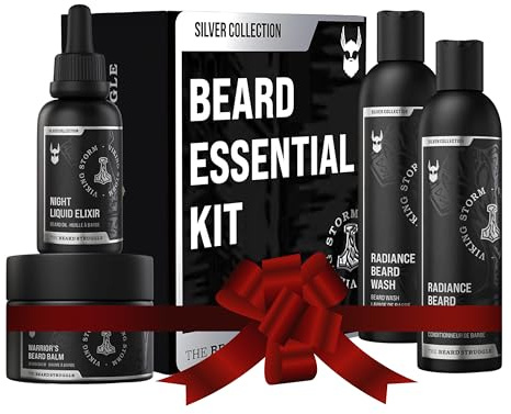 Kit de croissance de barbe pour hommes par The Beard Struggle - Comprend un baume à barbe, de l'huile à barbe, un nettoyant à barbe et un après-shampoing à barbe - Silver Collection - Viking Storm
