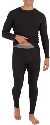 Fruit of the Loom Men's Recycled Waffle Thermal Underwear Set (Top and Bottom), Black, Medium