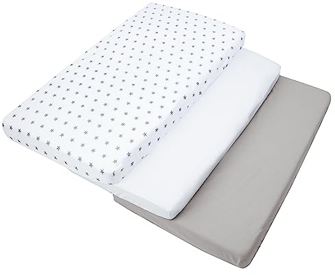Medi Partners Drap Housse 60x120 Lot de 3Draps lit bebe Matelas Enfant Bébé -100%Coton Fitted Draps Lit pour Baby Bed Cover Sheets Matela literie Mattress Couette(Étoiles Grises Sur Blanc-Blanc-Gris)