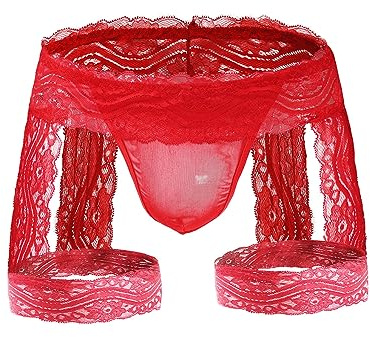 ROSVAJFY Men's Sexy Lace Panties With Garters Men Sissy Underwear Hollow Out Pouch Briefs Lingerie Underpants Gay Thongs Low Rise Stretchy G-String Boxer Shorts