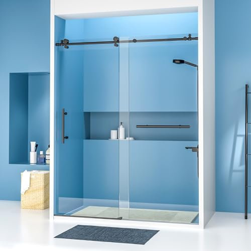 POTOUZHI Shower Door 60 W x 74 H Frameless Sliding Shower Door, Shower Glass Door with 1/4 Inch Clear Tempered Glass, Explosion-Proof Film, Stainless Steel Hardware, Matte Black